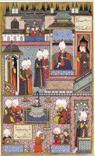 Sultan Suleiman I receives his Grand Admiral, Hayreddin Barbarossa. 
