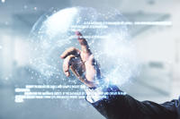 A hand reaching out to touch a digital globe of information